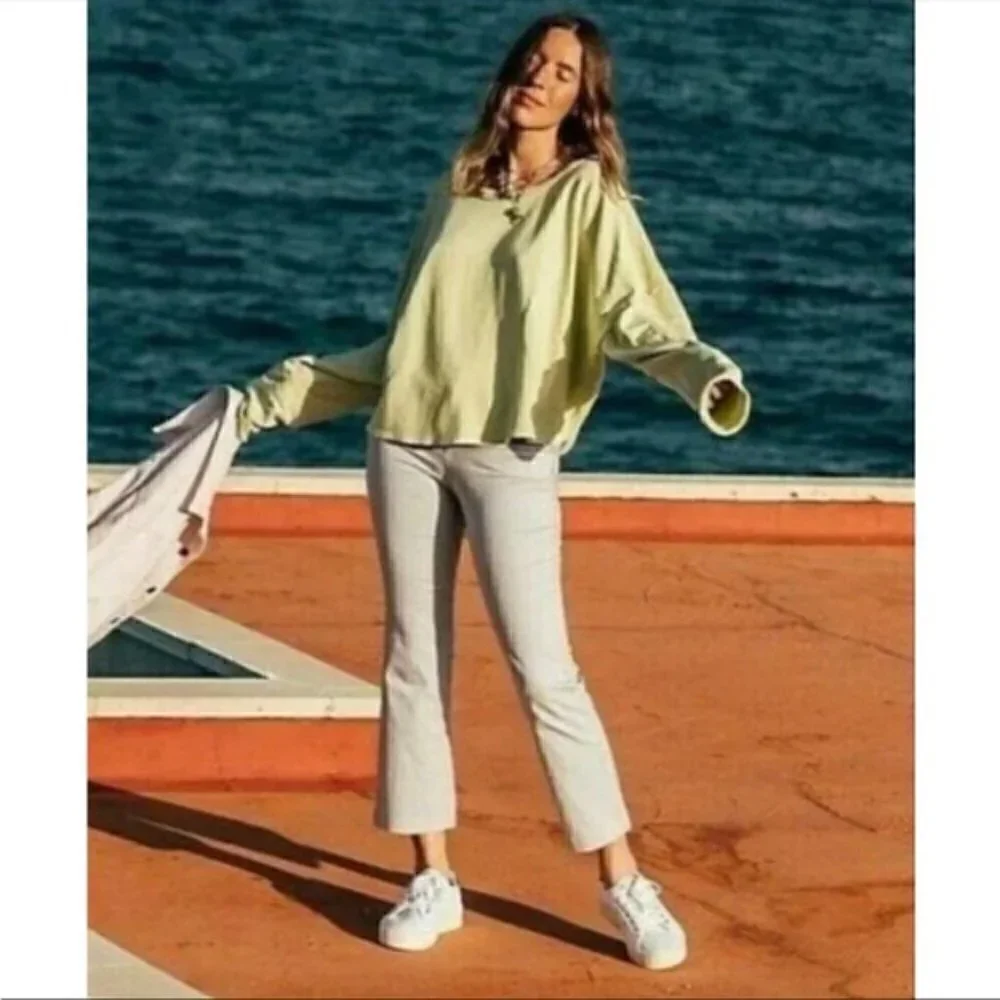 Free People Pants Sz L Florence Crop Flare Blue White Striped NWT